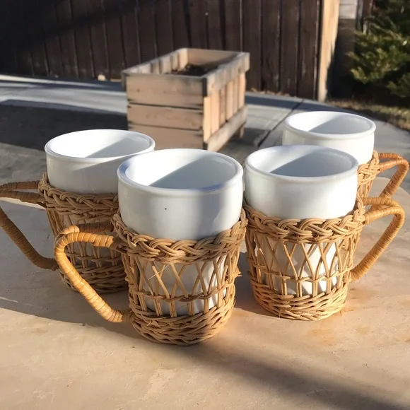 Vintage wicker mug set of 4 boho chic ceramic mug in wicker with handles - Picture 3 of 5